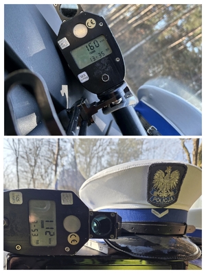 Policyjny ręczny miernik prędkości, a poniżej czapka policyjna