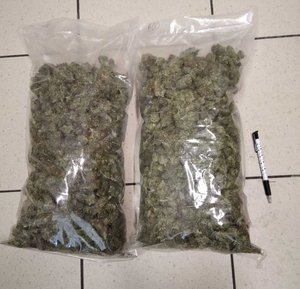 Dwa woreczki suszu marihuany znalezione w mazdzie