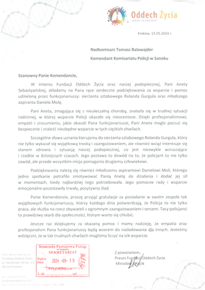Treść listu z podziękowaniem od Fundacji Oddech Życia.